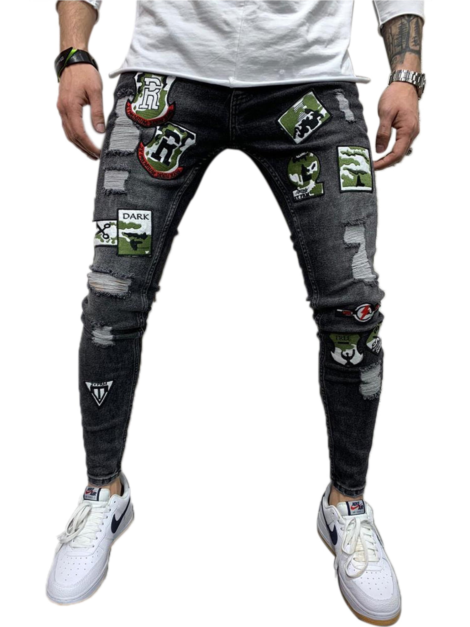 MISOWMNJOY Men Ripped Holes Trousers Hip-hop Patchwork Trousers Jeans ...
