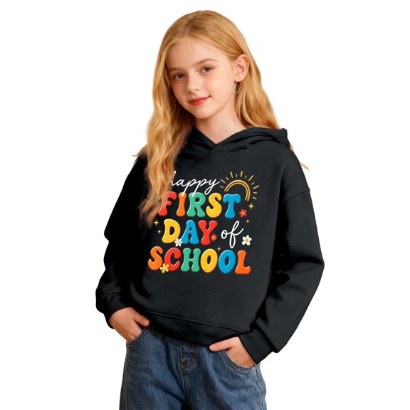 ZHOGXU Girls Hooded Sweatshirt Floral Letter Print Long Sleeve Back to School Pullover Hoodie For Kids Casual Outdoor Play Wear,Black,3-4 Years