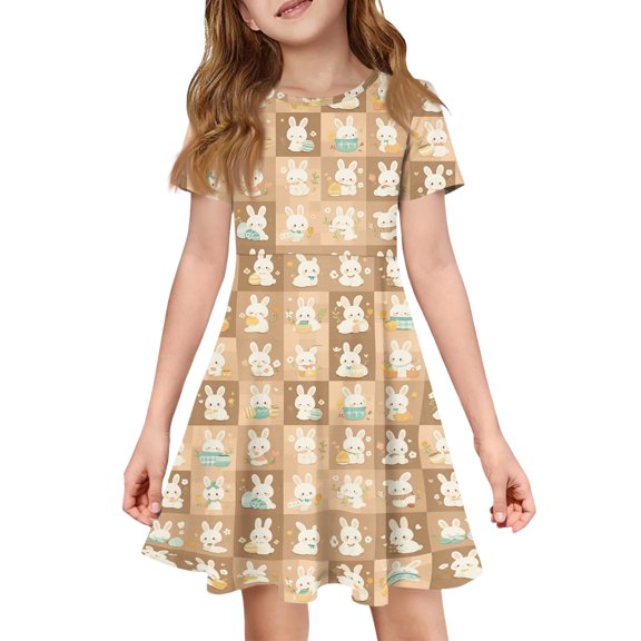YOUYEDIAN Girls Easter A-Line Dresses Teen 2026 Festival Cute Bunny Print Sundress Kids Casual Comfy Short Sleeve Crew Neck Dress (Ginger, 8-9 Years)