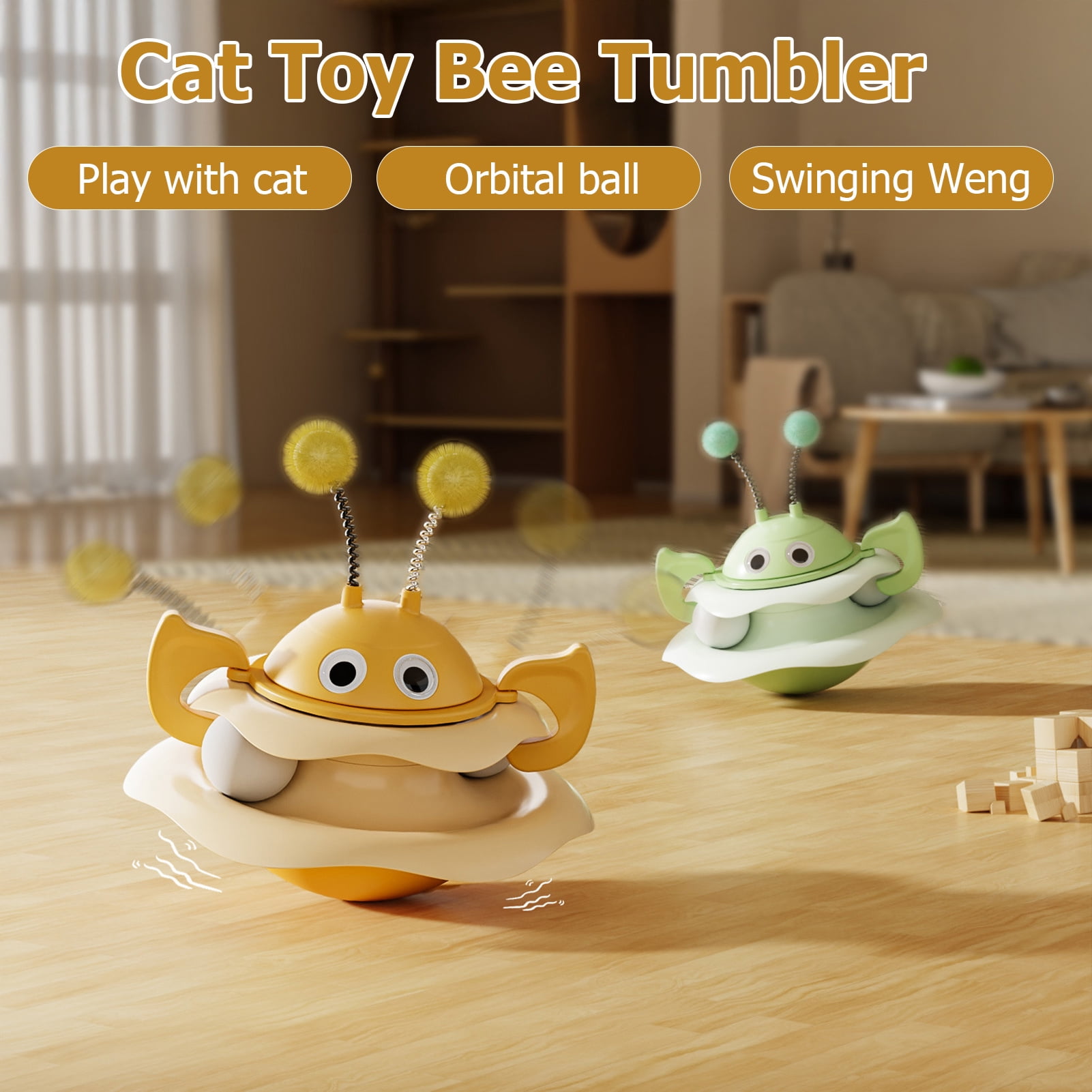 YIFAEUX Cat Ball Track Toy Interactive Bee Shaped Cat Tower with Roller Ball Turntable Tumbler Cat Toy with Spring Pompom Ball for Indoor Cats