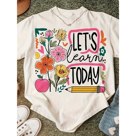 Women's Bohemian Teacher Shirt, Vintage Floral Pencil Print Short Sleeve Tee, Soft Breathable Round Neck