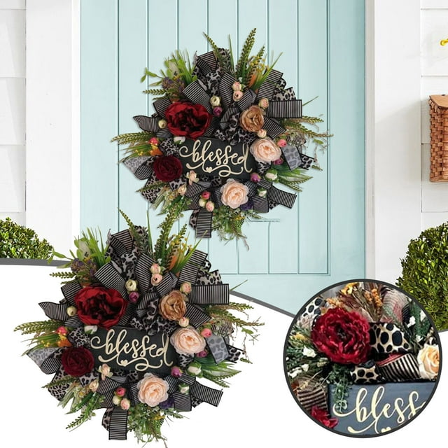Product Wreath 2 - Spring Floral Wreath With Roses 16" Grapevine Base Decorative Hanging For Front Door Wall Seasonal Farmhouse Easter Wedding Decorations