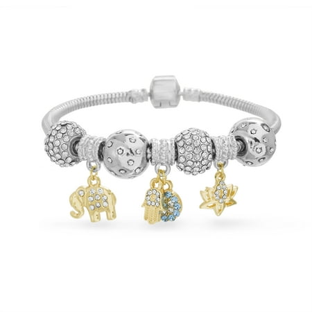 Beaded Elephant Bracelet Lesa Michele Women's White Crystal Evil Eye and Elephant Charm Beaded Heart Snake Chain Yellow Gold-Tone and Silver-Tone Bracelet ()