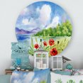 thumbnail image 2 of Designart 'Red Tulips On The Bank Near A River Mountain' Lake House Circle Metal Wall Art 23x23 - Disc of 23, 2 of 5
