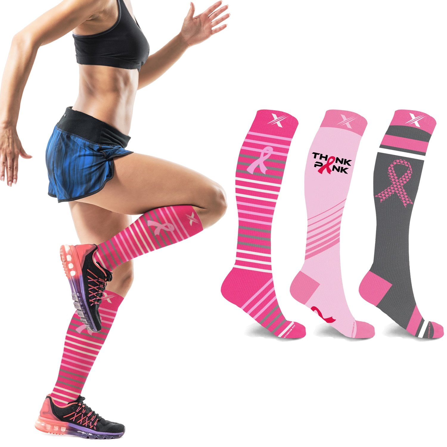 Cancer Awareness Compression Socks - Knee High Socks for Running - 3 Pair