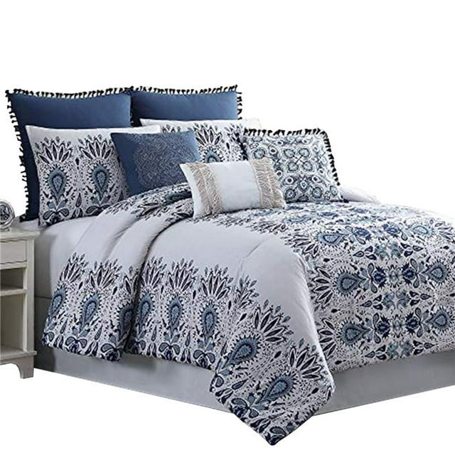 Constanta Comforter Set with Floral Print, Blue & White - Queen Size - 8 Piece
