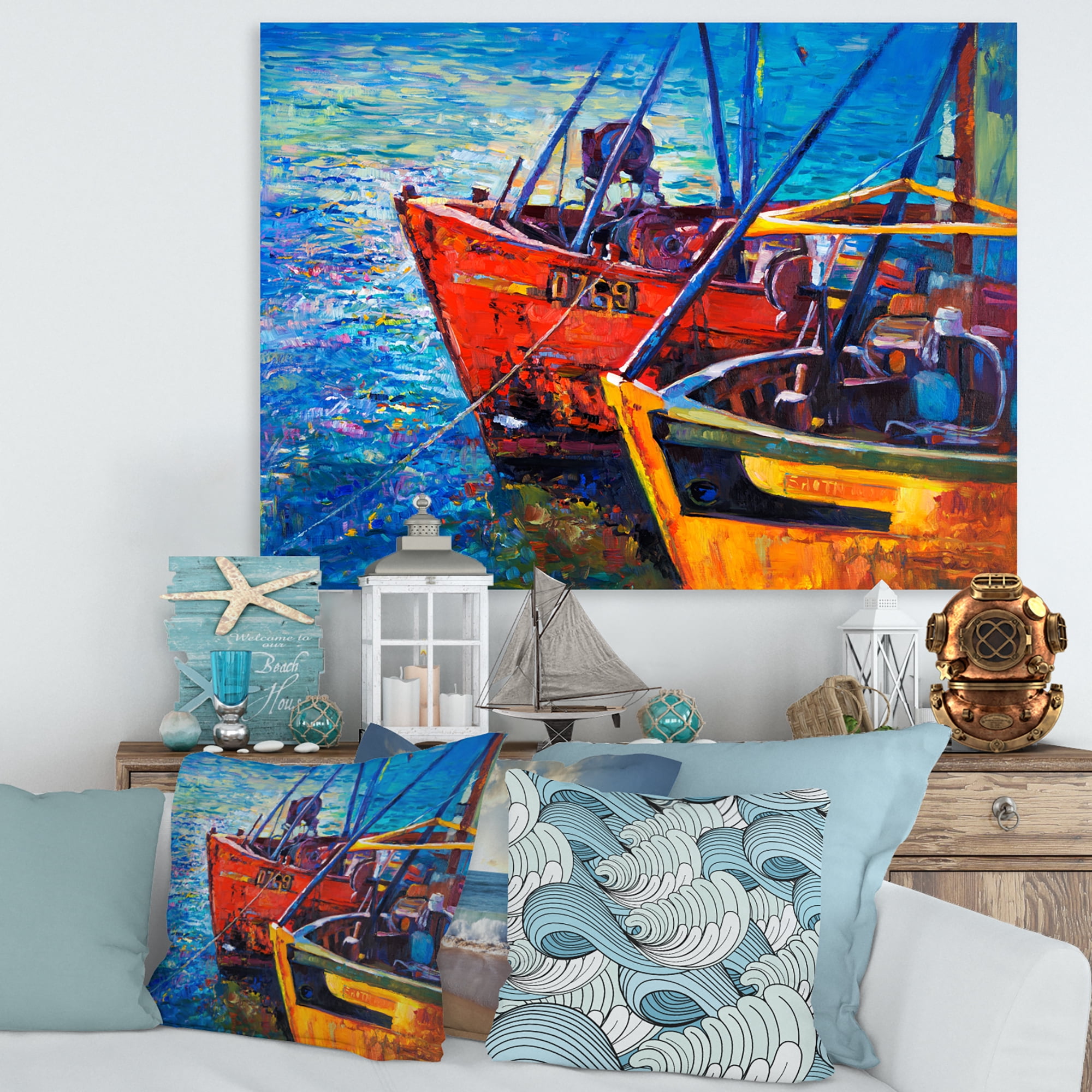 Designart ' Boats During Warm Sunset Resting On The Water VII ' Nautical & Coastal Canvas Wall Art Print