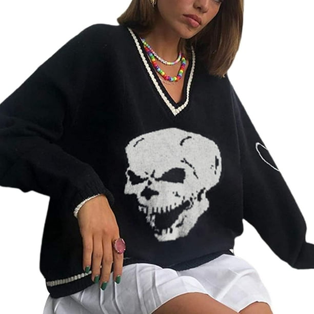 Women Girls Y2K Argyle Preppy Knit Sweater 90s Plaid Skull Sweater