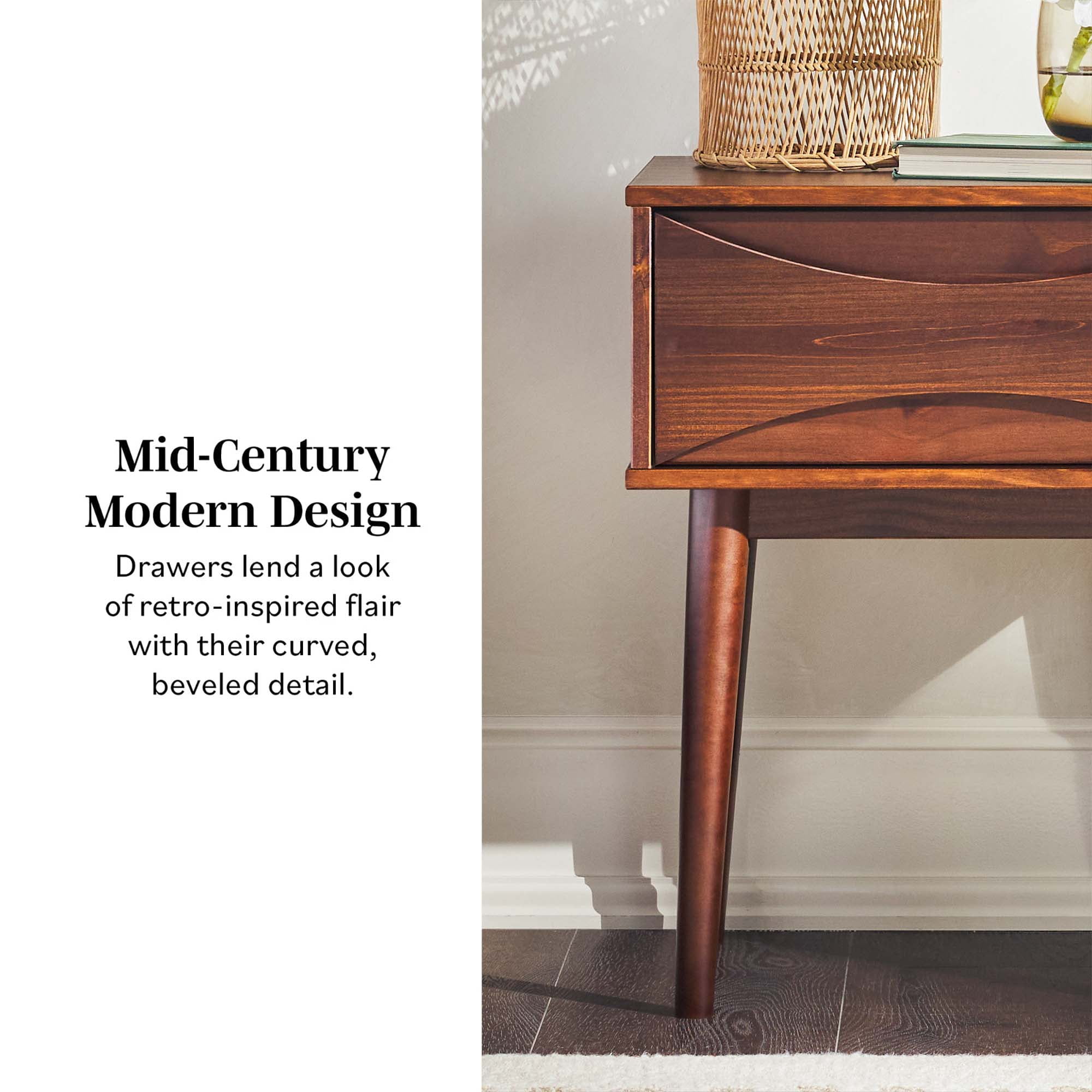 Walker Edison Mid-Century Modern Solid Wood 1-Drawer Nightstand, 2 Pack, Walnut
