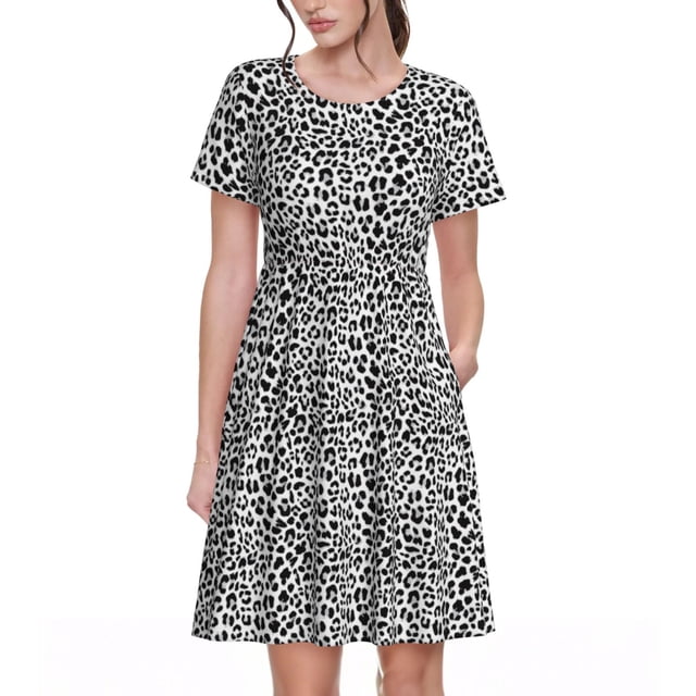 Balery Black Leopard Vestidos sueltos de manga corta para mujer, vestidos de verano 2025, vestidos casuales de corte A con vuelo.