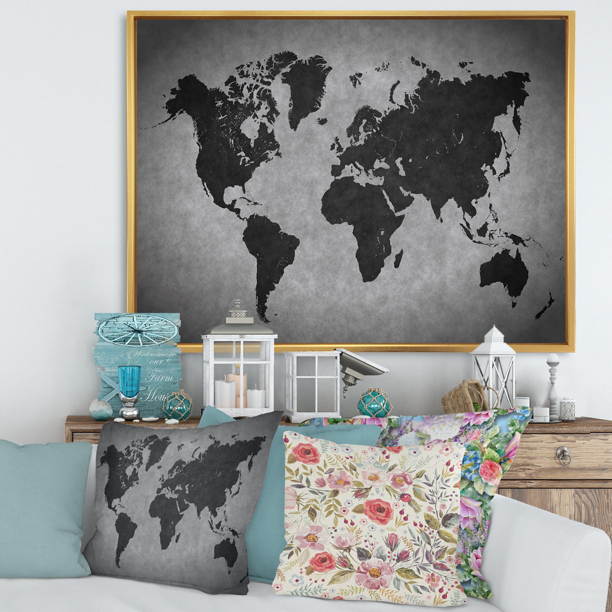 Designart 'Ancient World Map IX' Vintage Framed Canvas Wall Art Print