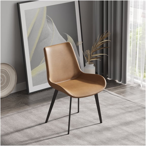 Modern Brown PU Leather Dining Chairs Set of 2 with Black Metal Legs for Kitchen and Living Room