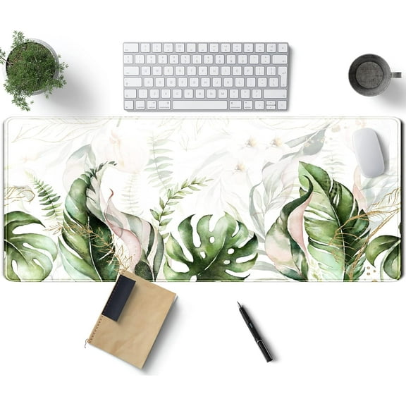 Tropical Leaves Desk Mat XL Large Gaming  Pad  Sage  Laptop Keyboard  Mat Office Supplies Desk Decor Accessories for Women, Desk Mats Pads   of Desks, 31.5x11.8 in