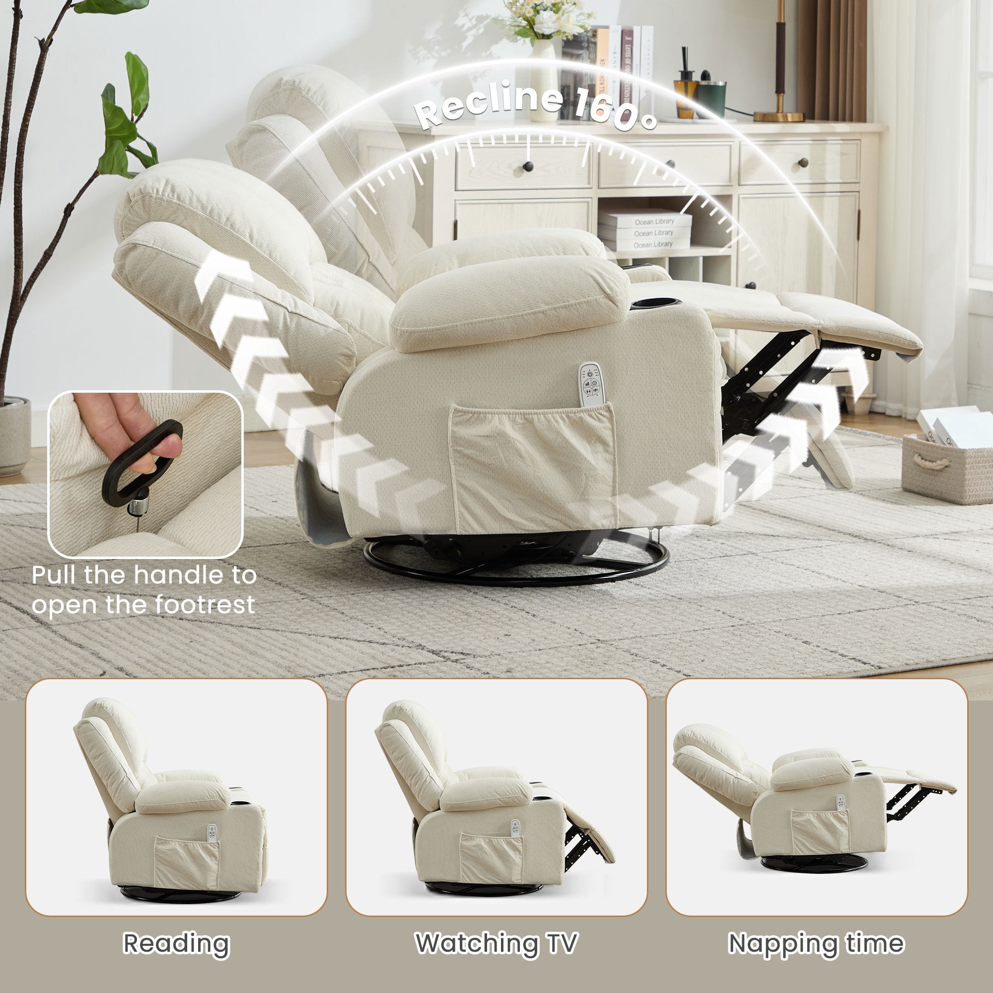 JONPONY Kneading Massage Rocker Recliner Chair with 4-Point 3D Kneading Massage and Heat Ergonomic Lounge Chair for Living Room with Rocking Function and 2 Cup Holders, USB Charge Port,Beige