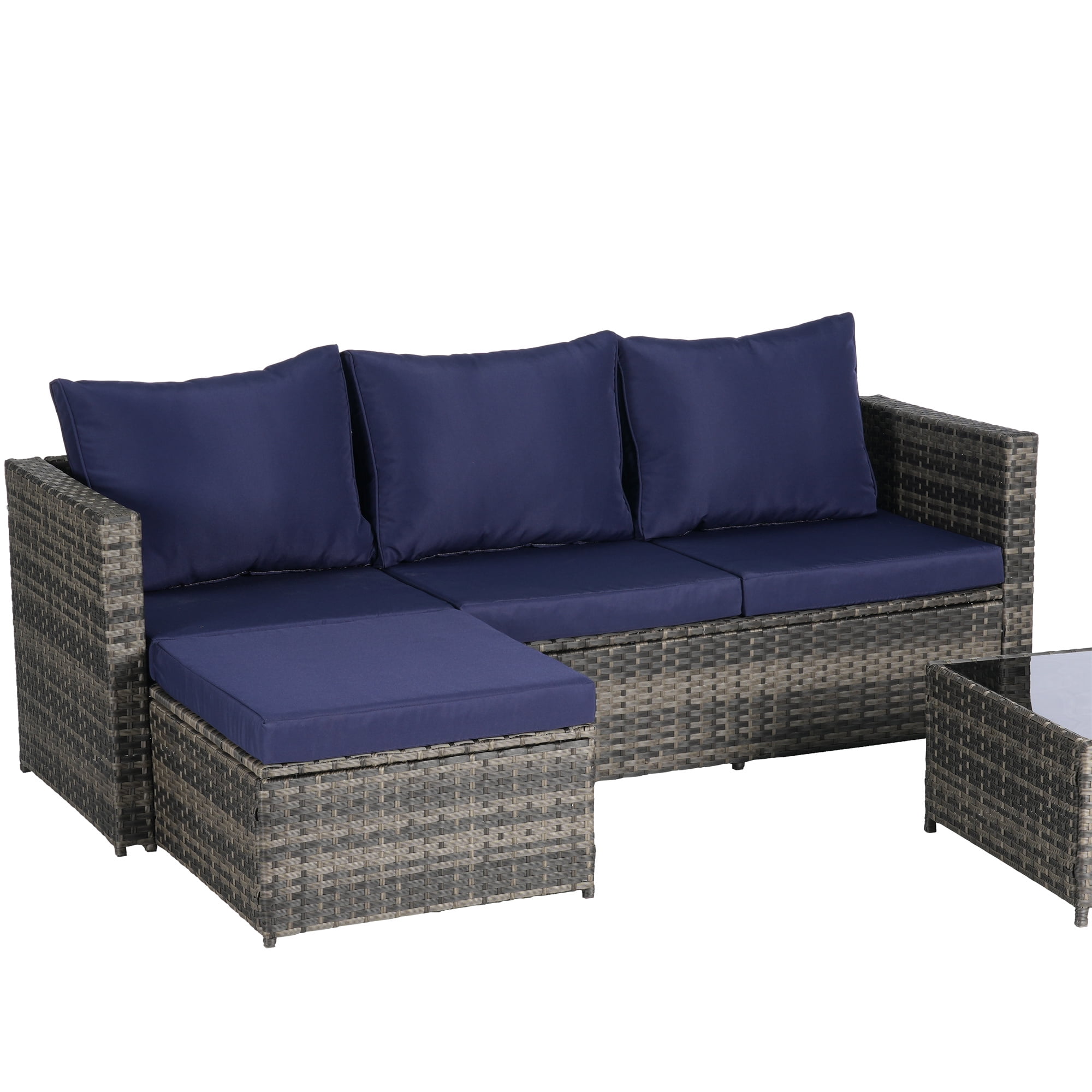 Aukfa Outdoor Patio Furniture Set - L shape Wicker Sectional Sofa with Coffee Table - Navy Blue Cushions