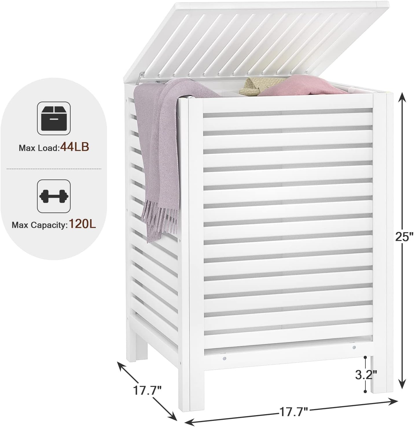 Bamboo Laundry Hamper with Lid, 120L Large Clothes Laundry Sorter with Removable 2-Section Liner Bag, Raised Laundry Basket Organizer for Clothing, Bathroom, Bedroom, Laundry Room, White