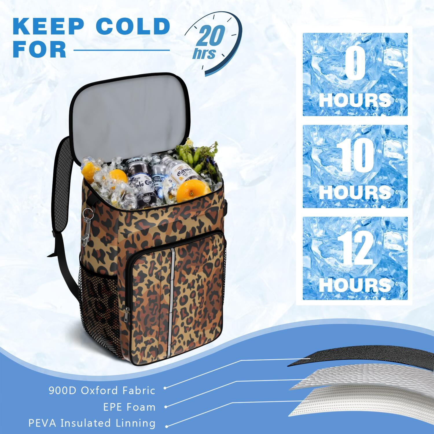 Travel Cooler Bag - Orange and Brown Leopard Pattern Camping Beer Cooler Backpack with Bottle Opener- Waterproof Insulated Picnic Backpacks - Cooler Bag for Beach