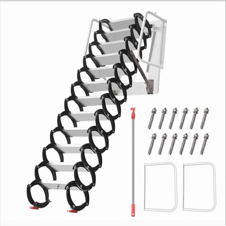 Titanium Magnesium Alloy Wall-Mounted Folding Attic Staircase, 1102 lbs Load Capacity, 118in Height 12-Step with Non-Slip Black & White Treads for Attic, Loft and Storage Room