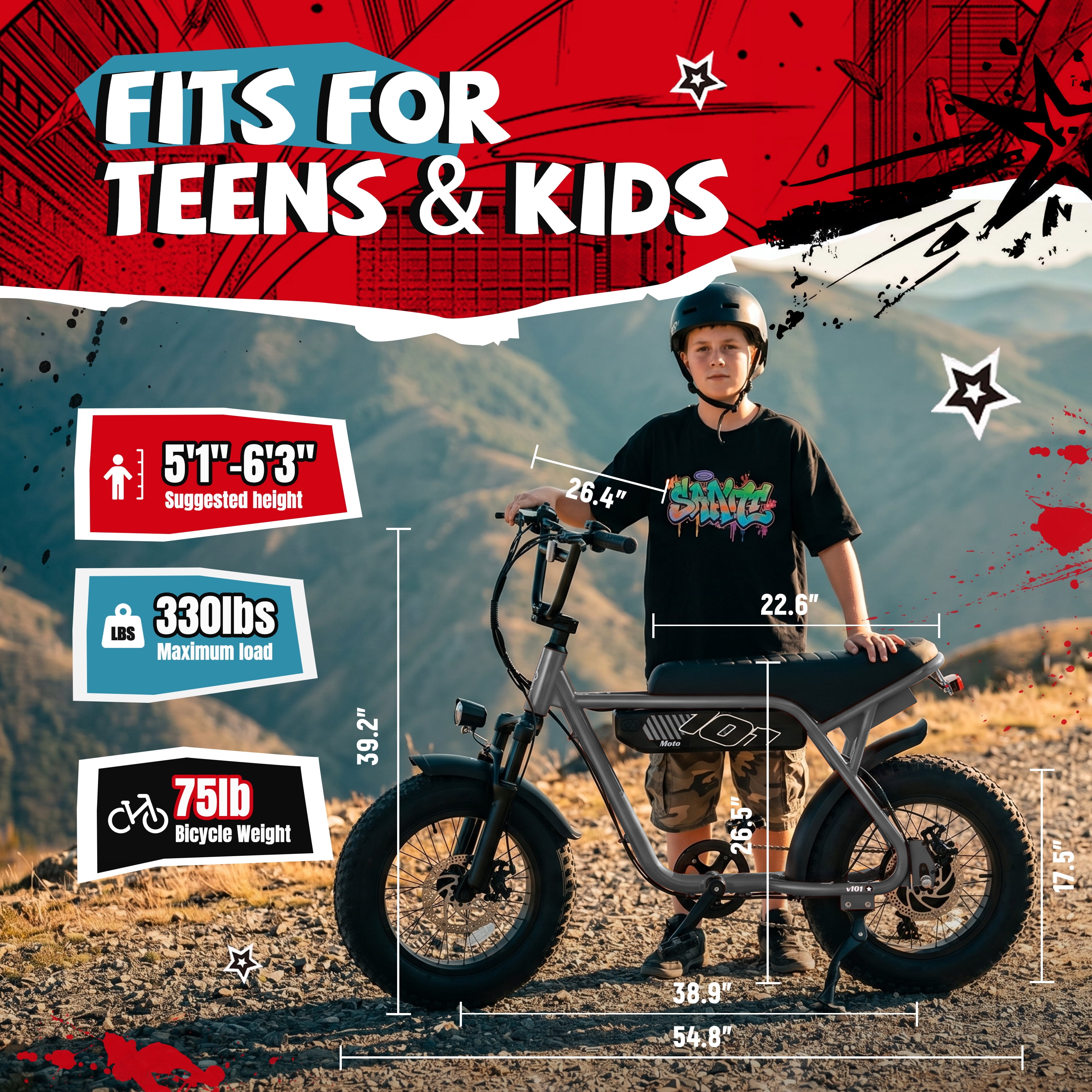 ESKUTE V101 Electric Bike for Adults & Teens 750W Peak 1500W, 28MPH, 48V 13Ah Battery, 16"x4.0" Fat Tire E-Bike, 7-Speed, Front Suspension, All-Terrain Ebike Gray, UL2849