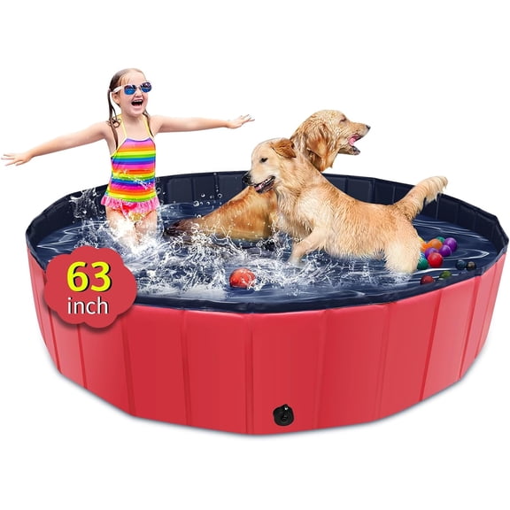 Foldable Dog Pool, 63" x 12" Kiddie Pool with Hard Plastic, Non-Slip Dog Bath Tub for Outdoor Backyard, Collapsible Dog Swimming Pool for Kids Dogs Pets (Red)