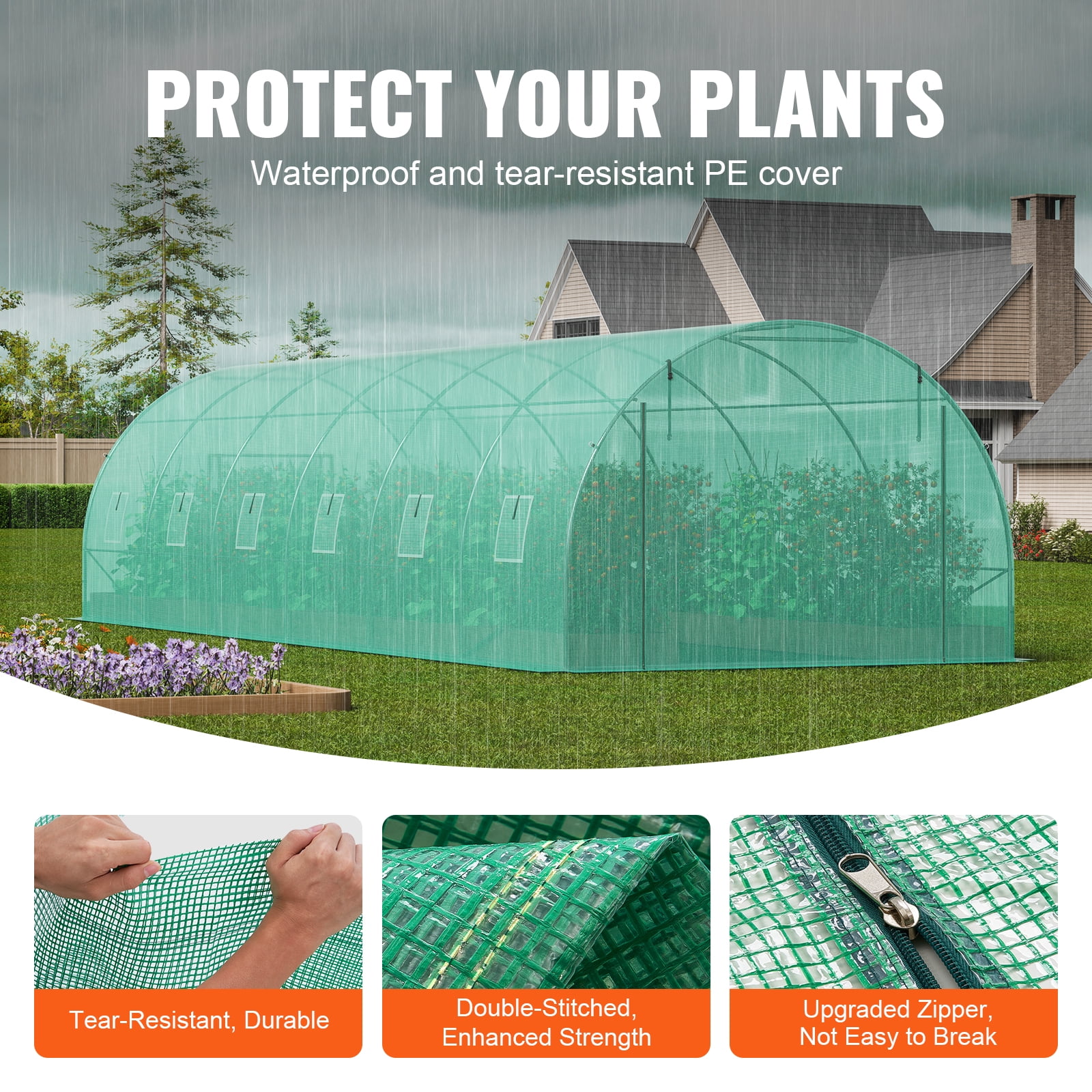 KFFKFF Tunnel Greenhouse, 29.2x9.7x6.5 ft, with Sturdy Galvanized Steel Frame and Green PE Cover, Features Roll-up Zipper Door and 12 Windows, Ideal for Extended Plant Growing Seasons