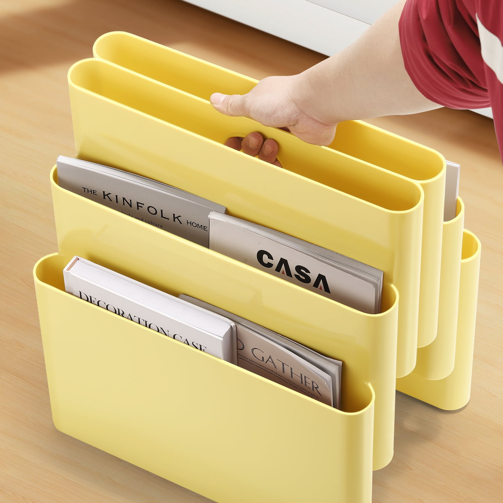Freestanding Six Pocket Plastic Magazine Rack File Holder, Yellow