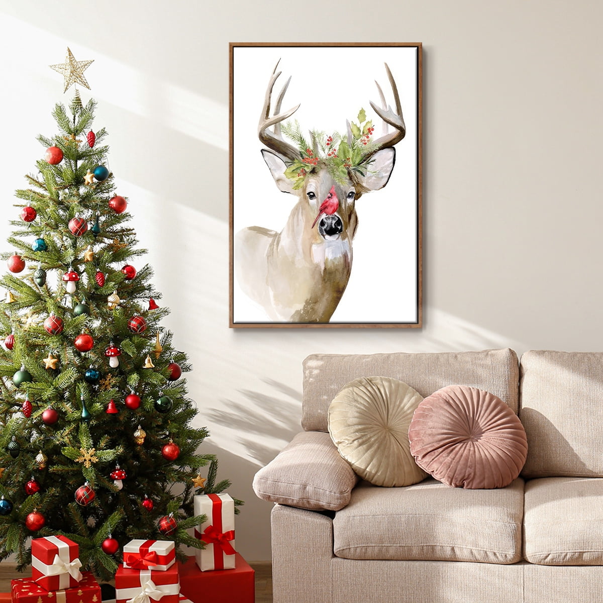 Holiday Deer II - Framed Gallery Wrapped Holiday Canvas - 25 x 37 - Rosewood Frame