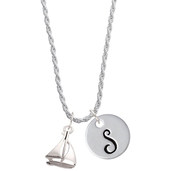 Delight Jewelry Silvertone Antiqued Sailboat Silvertone Script Initial Disc - S - Charm Necklace, 20"+3"