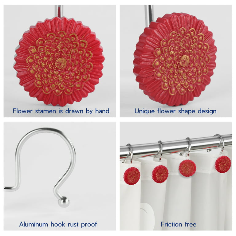 Red Aluminum Shower Curtain Hooks, Rust Proof Decorative Resin Flower  Shower Curtain Rings 