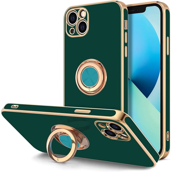 Case for iPhone 13 Case with Ring Stand [360°Rotatable Ring Holder Magnetic Kickstand] [Plated Rose Gold Edge] Slim Soft TPU Cover Luxury Protective Phone Case for Women Men, Midnight Green