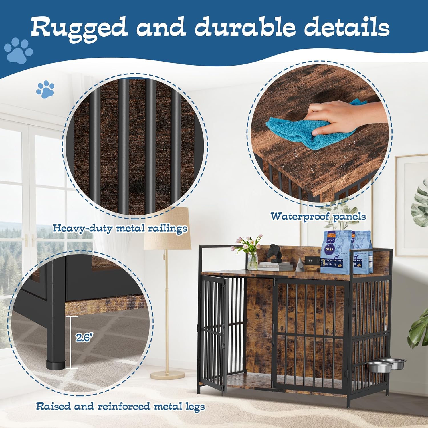 48" Dog Crate Furniture for Large Dogs, Wooden Dog Kennel with 360° Rotating Feeder Bowls and 3 Doors, Indoor Dogs Crates with USB Charging Station, Heavy Duty Medium Dog Cage