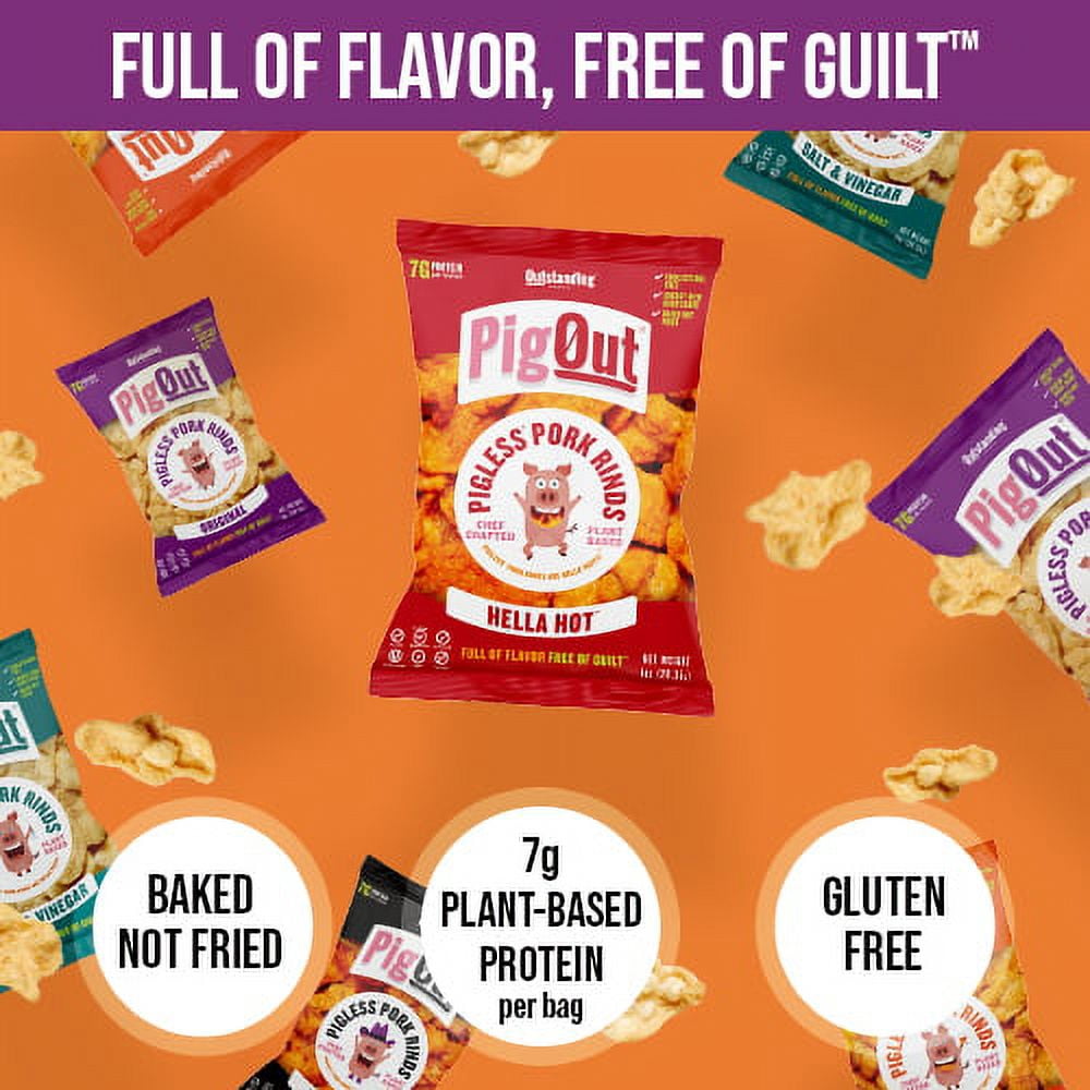 PigOut, Plant-Based Pigless Pork Rinds, Hella Hot 1 oz.