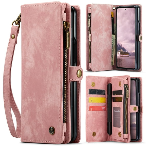 For Samsung Galaxy Z Fold 7 Wallet Case,Multi-Functional Retro Leather Purse Flip Cover Zipper Wallet Case with Removable Card Slots Pocket & Detachable Wrist Strap Magnetic Phone Case, Pink