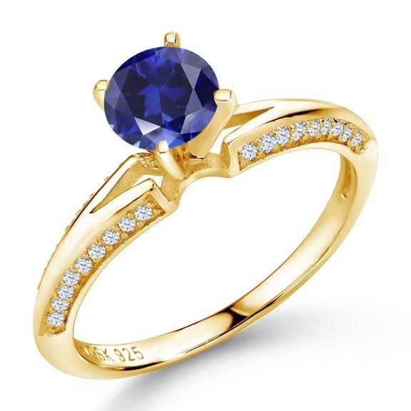 Gem Stone King 1.58 Ct Round Blue Created Sapphire 18K Yellow Gold Plated Sterling Silver Ring (Size 9)