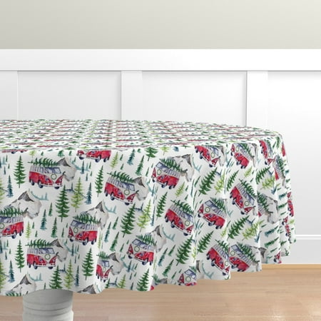 

Cotton Sateen Tablecloth 90 Round - Holidays Christmas Festive Decor Winter Van Life Mountains Truck Red Green Print Custom Table Linens by Spoonflower