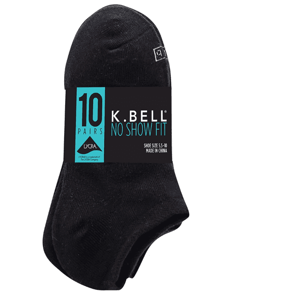 K Bell Ladies' No Show Sock, 10 pair, Black, size 5.5-10