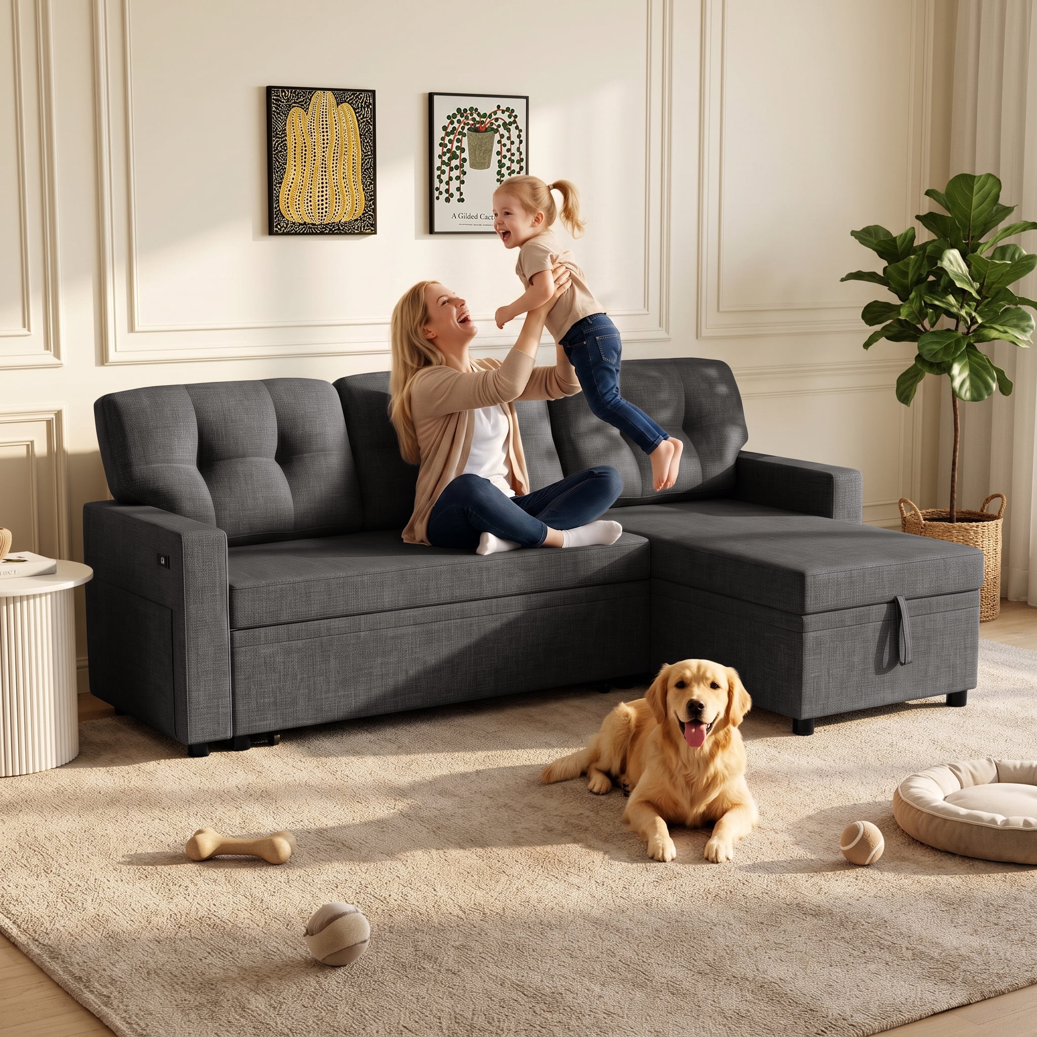 avobird 82" L Shaped Sleeper Sofa Bed, 3-Seat Convertible Sectional Couches with Storage Chaise, Linen Fabric Pull Out Couch for Living Rooms, Apartment, Dark Gray