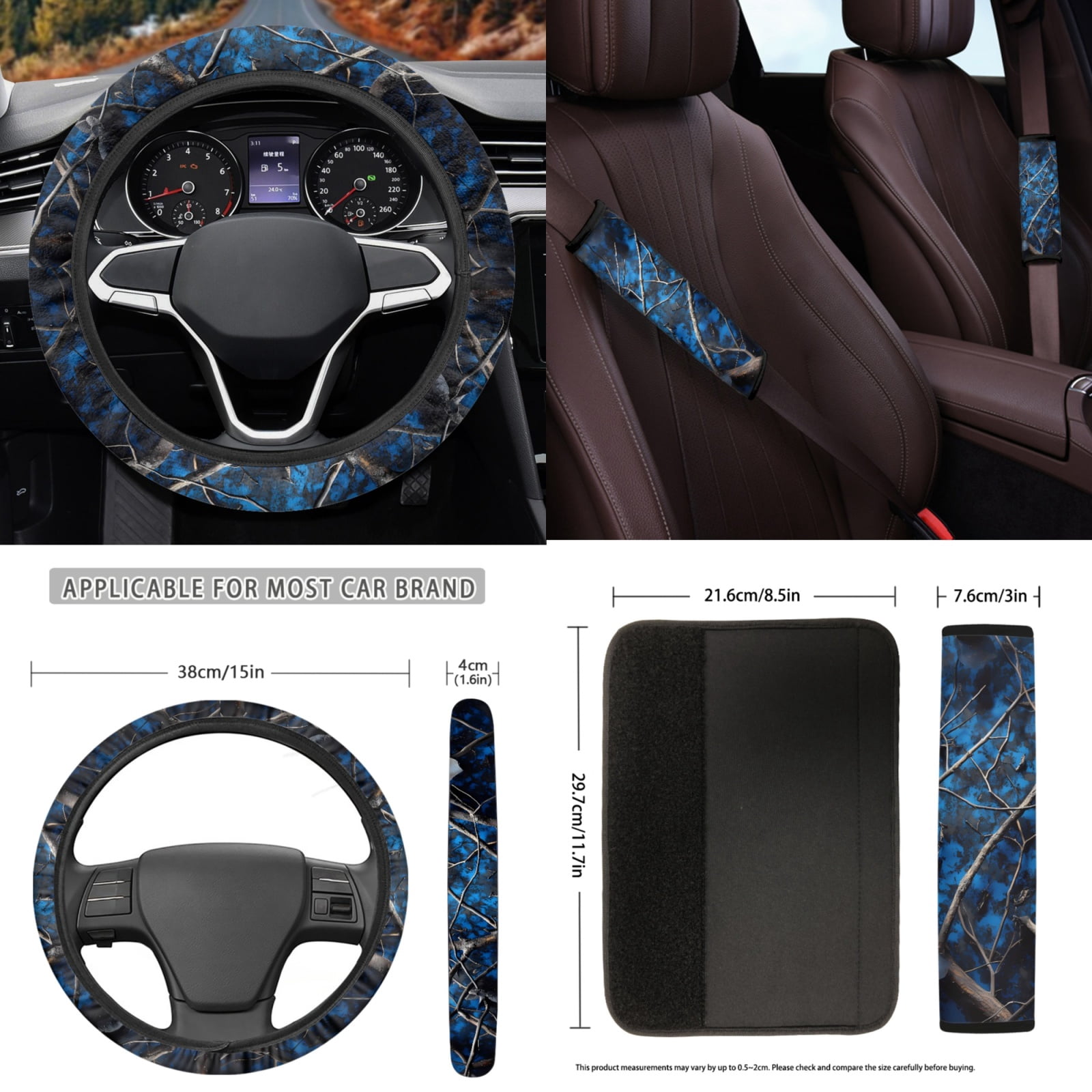 Yuyamidu Camo Hunting Car Seat Cover Full Set with Car Floor Mats Blue Wood Steering Wheel Cover Seatbelt Cover Cup Coasters Handbrake Sets 15 Pack Automobile Accessory for Woman Men