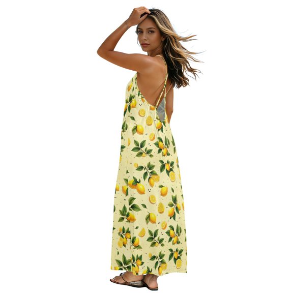 Women Summer Sleeveless Dresses Lemon Flowy Casual Beach Sundress