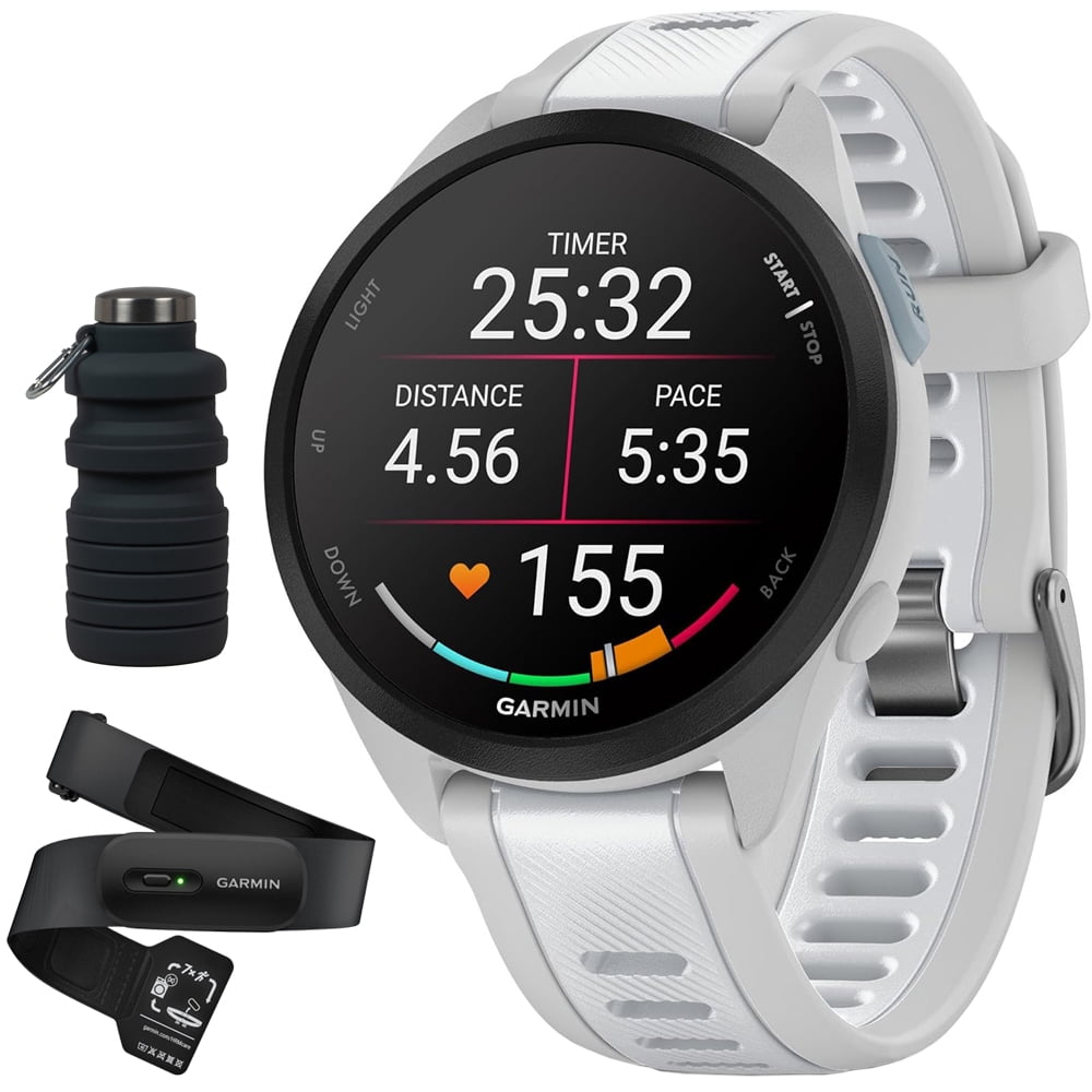 Garmin Forerunner 165 Music Smart Sport Watch, Mist Gray + Whitestone with HRM 200 Heart Rate Monitor Strap (M-XL) Bundle with Deco Essentials Collapsable Water Bottle