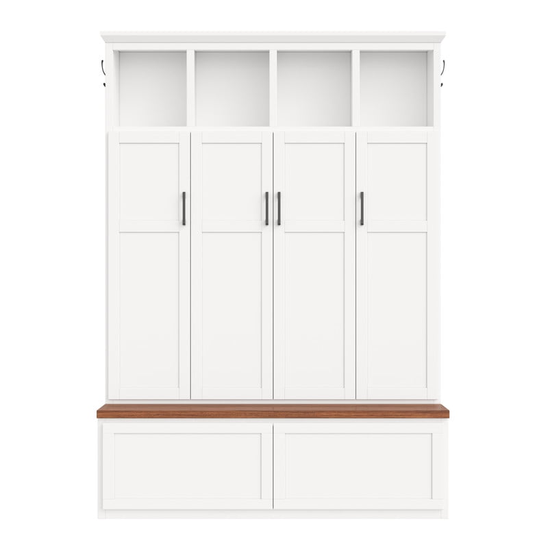 Modern Farmhouse Hall Tree with Bench and Storage Cabinets, Entryway Coat Rack with 6 Hooks, 4 Hidden Cabinets, Drawers and Open Shelves, Mudroom Organizer for Hallway, Living Room