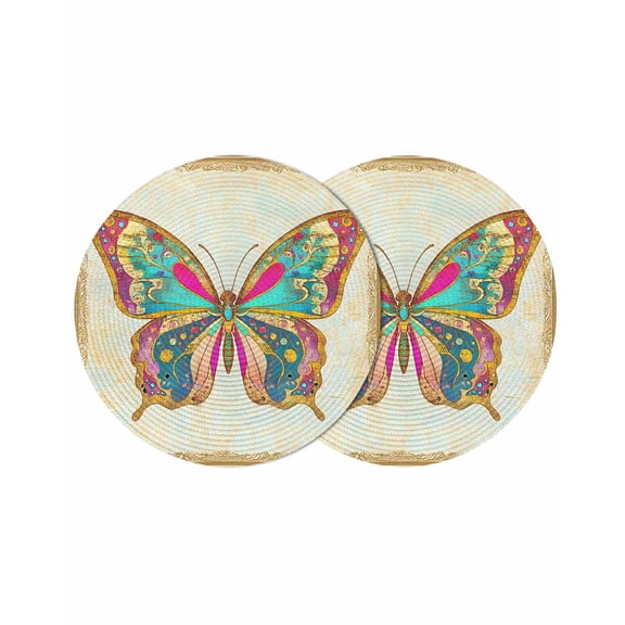 Vintage Butterfly Round 13 Inch Placemats Set of 2, Retro Colorful Butterfly HeatResistant Non Slip Place Mats for Dining Table, Wipeable Braided Kitchen Table Mats for Housewarming