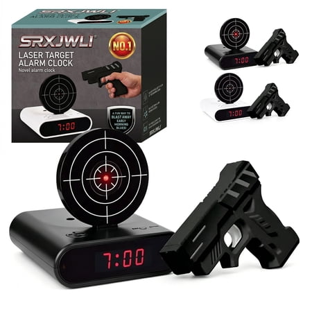 Gun Alarm Clock Target Blaster Toy, Digital Morning Wake-Up Device for Heavy Sleepers, Shot Timer Function, Bullseye Shooting Play System, Fun Interactive Toy for Adults Bedroom Desk Gift