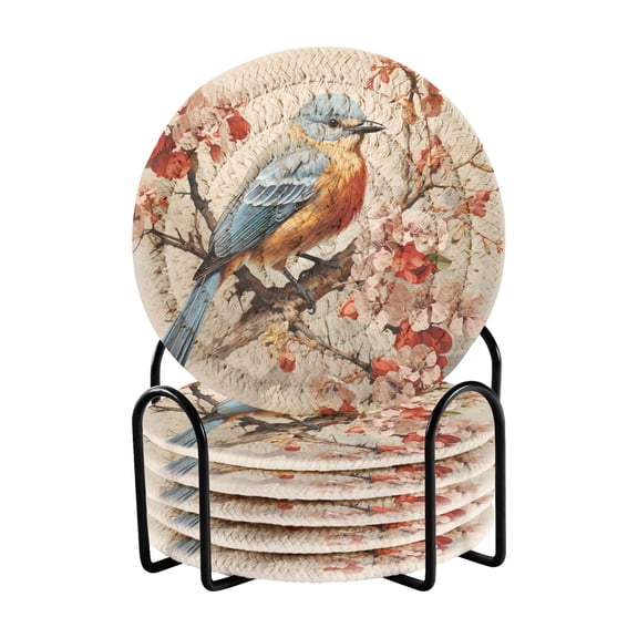Bird Branches Flowers 6 Pcs Drink Coasters with Holder Absorbent Coasters Woven Coasters for Drinks Table Desk Protection Home Decor