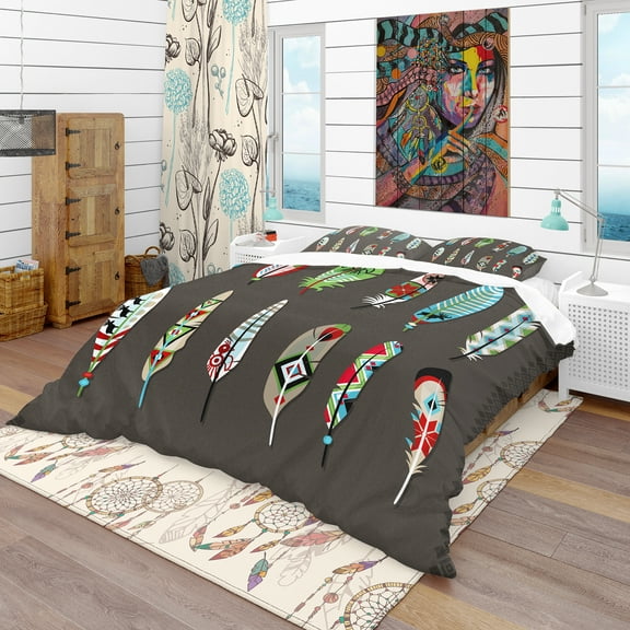 Designart 'Feathers Painted with Colorful Ethnic Pattern' Southwestern Duvet Cover Set