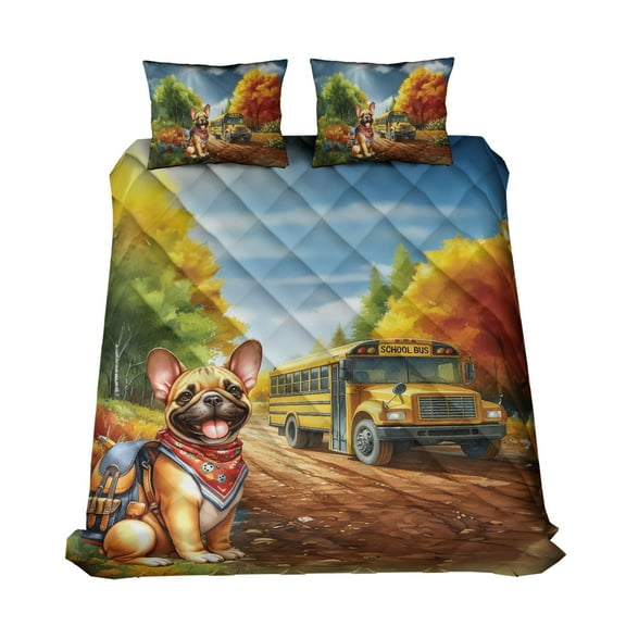 Goodbye Summer French Bulldog Hello Fall Time for School Quilt Bedding Set Dog Lover Gifts 1 Blanket Bed Cover 2 Pillowcases - 02014