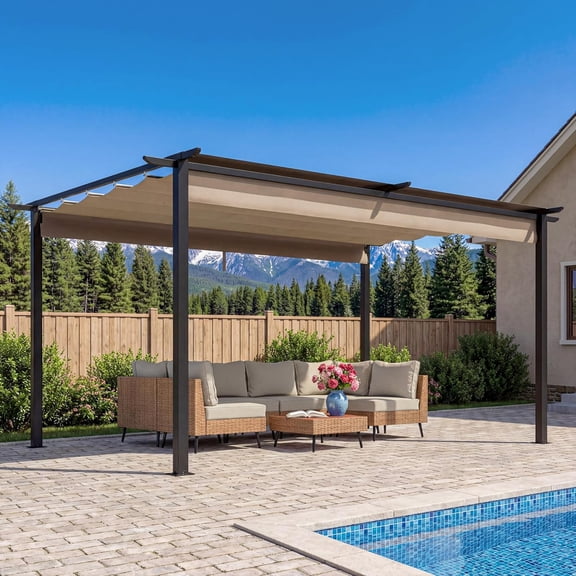 KamerOut 10' x 13' Outdoor Retractable Pergola, Heavy-Duty Aluminum Pergola with Sun Shade Canopy for Garden, Backyard, Deck, Porch, Brown