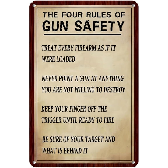 The Four Rules Of Gun Safety Antique Tin Signs,Treat Every Firearm As If It Were Loaded Quote Posters Metal Sign for Home Kitchen Office Cafe Farm Yard Man Cave Decor 8x12 Inch