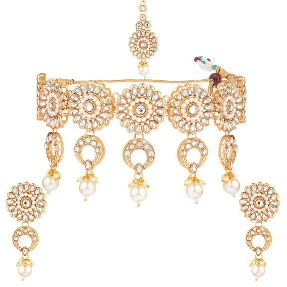 Efulgenz Indian Jewelry Choker Necklace Kundan Faux Pearl Necklace Earrings Maang Tikka Head Chain Bollywood Wedding Bridal Jewelry Set, White