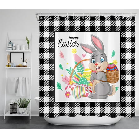 HVEST Happy Easter Shower Curtain for Bathroom Decor,Rabbit and Easter Eggs on Black and White Checked Shower Curtain with Hooks Set,Polyester Waterproof Durable Fabric Bath Accessories 72x78 Inches